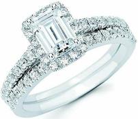 Boston Bay Diamonds 14K White Gold 1.33 Ctw. Emerald Cut Diamond Halo Wedding Engagement Ring Set