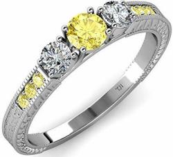 Yellow Sapphire and Diamond 3 Stone Ring with Side Yellow Sapphire 0.85 ct tw in 14K White Gold