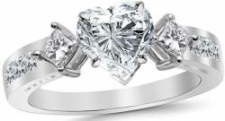 1.55 Cttw 14K White Gold Heart Cut Channel Set 3 Three Stone Princess Diamond Engagement Ring with a 0.7 Carat H-I Color SI2-I1 Clarity Center
