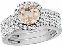 14K White Gold Natural Morganite 3-Piece Bridal Ring Set Round 6mm Halo Diamond