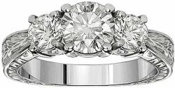1.05 CT TW 3-Stone Natural Diamond Hand Engraved Engagement Ring in 18k White Gold