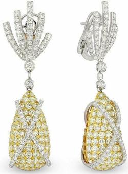 18K White Gold Round Shape Yellow Diamond and Diamond Dangle-Earrings Dangle Earrings
