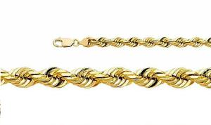 14k Solid Yellow Gold 8mm Solid Rope Diamond Cut Chain Necklace with Lobster Claw Clasp