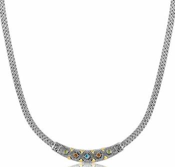 18K Yellow Gold and Sterling Silver Chain Necklace with Multi Gem Accents for women ,Simulated
