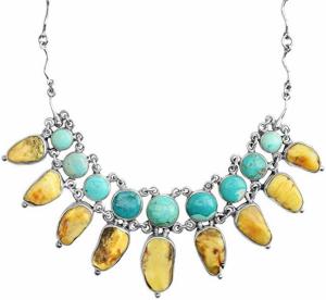 Pomianowski Baltic Butterscotch Amber Statement Necklace with Turquoise and Sterling Silver