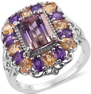 Womens 925 Sterling Silver Platinum Plated Ametrine Citrine Promise Ring