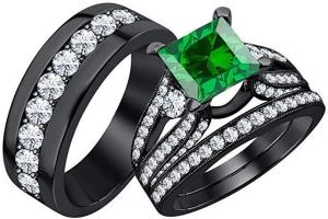 Men & Women's Beautiful Wedding Halo Trio Ring Band Set in 14k Black Gold Plated .925 Sterling Silver With  Princess Cut 3.75 cttw Emerald & Dimaond