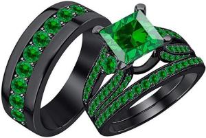 Men & Women's Beautiful Wedding Halo Trio Ring Band Set in 14k Black Gold Plated .925 Sterling Silver With  Princess Shaped 3.75 cttw Emerald 