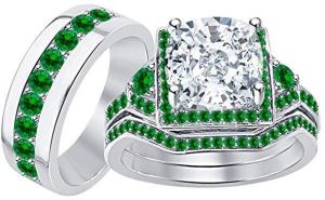 Men & Women's Cushion Cut 4.00cttw CZ Diamond & Green Emerald 14k White Gold Plated 925 Sterling Silver Engagement Wedding Ring Set