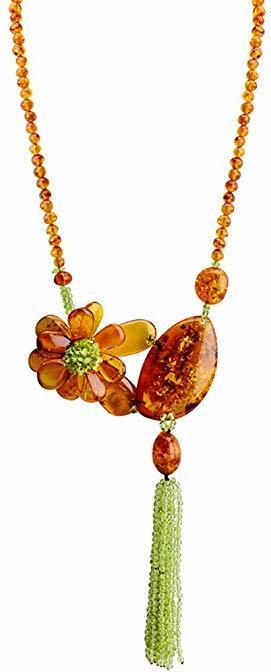 Gorgeous Polish Designer Baltic Cognac Amber and Peridot Flower Statement Necklace