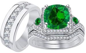 Men & Women's Cushion Cut 4.00cttw Green Emerald & CZ Diamond 14k White Gold Plated 925 Sterling Silver Engagement Wedding His & Her Trio Ring Set