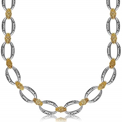 18K Yellow Gold and Sterling Silver Chain Necklace easy to use in a Fancy Filigree Motif