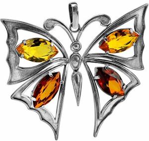 Glistening Faceted Baltic Amber Sterling Silver Large Butterfly Statement Pendant