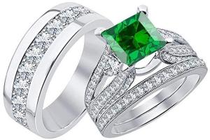 Beautiful Wedding Halo Trio Ring Band Set With Princess Cut 3.75 cttw Emerald & Dimaond in 14k White Gold Plated .925 Sterling Silver Men & Women's