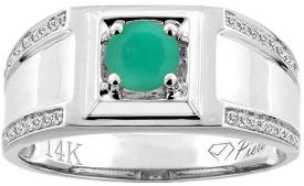 14K White Gold Natural Emerald Men's Ring Diamond Accented