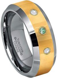 0.21ctw Emerald & Diamond 3-Stone Anniversary Band - May Birthstone Ring - 8mm Polished 2-Tone Comfort Fit Tungsten Carbide Wedding Ring