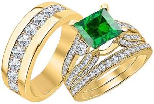 Princess Cut 3.75 cttw Emerald & Dimaond 14k Yellow Gold Plated .925 Sterling Silver Men & Women's Beautiful Wedding Halo Trio Ring Band Set