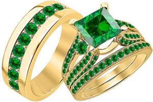 Men & Women's Beautiful Wedding Halo Trio Ring Band Set With Princess Shaped 3.75 cttw Green Emerald  in 14k Yellow Gold Plated .925 Sterling Silver