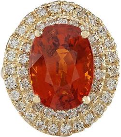 11.64 Carat Natural Mandarin Garnet and Diamond 14K Yellow Gold Luxury Cocktail Ring