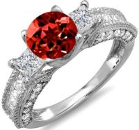 3.15 Carat 14K White Gold Red Genuine Garnet & White Diamond 3 Stone Engagement Bridal Ring