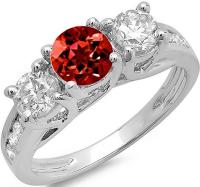 14K White Gold Red Genuine Garnet & White Diamond Bridal 3 Stone Engagement Ring