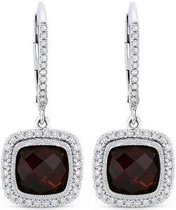 14K Gold Cushion Cut Gemstone and White Diamond Dangle Earrings