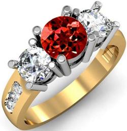 14K Yellow Gold Red Genuine Garnet & White Diamond 3 Stone Engagement Ring