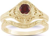 Red Garnet Bridal Wedding and Engagement Ring Set in 14K Yellow Gold