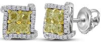 Yellow Diamond Cluster Earrings 1-1/2ct 18k White Gold