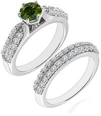 1.7 Carat Green I2-I3 Diamond Engagement Wedding Anniversary Halo Bridal Ring Set 14K White Gold
