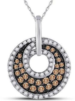 Champagne Brown and White Diamond Circle Pendant Necklace in 10K White Gold with Chain