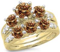 3.10 Carat (ctw) 14K Yellow Gold Champagne & White Diamond Bridal 3 Stone Ring Set