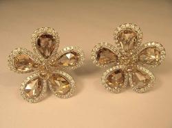 Exquisite 18K White Gold Rose Cut Champagne Diamond Floral Earrings