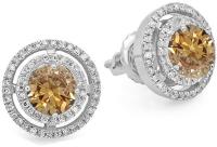 1.17 Carat (Ctw) 14K White Gold Round Champagne & White Diamond Ladies Halo Style Stud Earrings