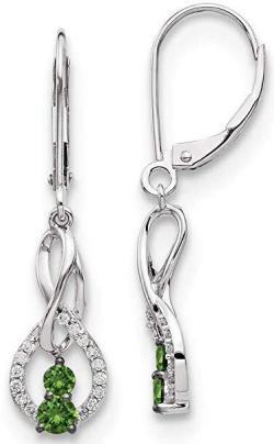14k White Gold Green and White Diamond Leverback Earrings Lever Back Drop Dangle Em Style Fine Jewelry