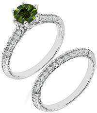 0.94 Carat Green I2-I3 Diamond Engagement Wedding Anniversary Halo Bridal Ring Set 14K White Gold