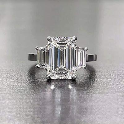3.10 Tcw Emerald Cut with Trapezoid side 3 Stone Diamond Engagement Ring