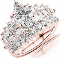 4.15 Ctw 14K White Gold GIA Certified Marquise Cut Exquisite Prong Set Bageutte and Round Diamond Engagement Ring