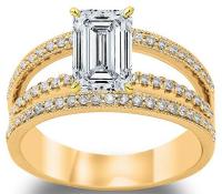 2.58 Ctw 14K Yellow Gold GIA Certified Emerald Cut Split Shank Three Row Diamond Engagement Ring