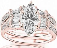 2.83 Ctw 14K White Gold GIA Certified Marquise Cut Baguette and Round Brilliant Diamond Engagement Ring