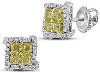 Jewels By Lux 18K White Gold Womens Round Yellow Color Enhanced Diamond Square Cluster Earrings