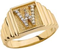 Men's 10k Yellow Gold Layered Band Square Face Diamond Initial Letter W Ring