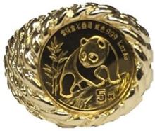 24 Kt Chinese Panda Bear Coin Set In 14 Kt Solid Heavy Gold Coin Ring