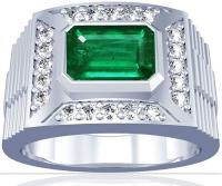 Platinum Emerald Cut Emerald Mens Ring With 24 Pave Set Round Diamonds