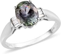 14K White Gold Rhodium Plated Green Tanzanite Diamond Baguette Ring