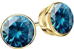Blue Diamond Stud Earrings Bezel Push Back