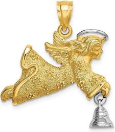 14k Gold Rhodium & 2-D Flying Angel Moveable Bell Charm Fine Jewelry