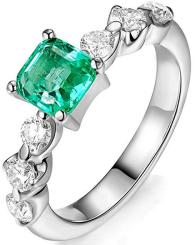 Fine Natural Emerald Gemstone Promise Party Engagement Diamond 14k White Gold Diamond Ring Set for Women