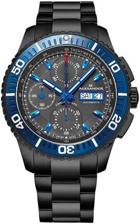 Alexander Vanquish Olyn Mens Black Stainless Steel Watch Day Date Tachymeter Chronograph - Screw Down Crown Swiss Made Analog Automatic Diver Watch A420-04