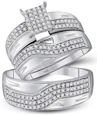 10kt White Gold His & Hers Round Diamond Cluster Matching Bridal Wedding Ring Band Set